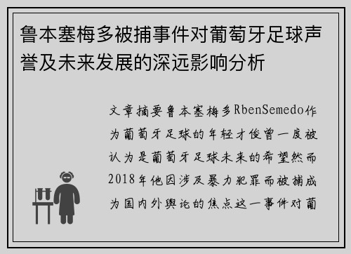 鲁本塞梅多被捕事件对葡萄牙足球声誉及未来发展的深远影响分析